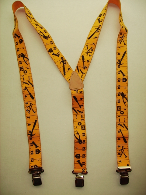 TAPE MEASURE YELLOW WITH BLACK MARKINGS "Y" Style 1 1/2" X 48" long. All Straps are stretchable Cotton/Polyester Hand Washable-Hang to Dry Material with Real Leather Patch, 3 Strong  1" x 1" High Polished  NICKEL GRIPS  and Two Secure NICKEL Adjusters.  Fits 4' 8" to 6' 2"  Average Build.  Y-UB420N48TMYE